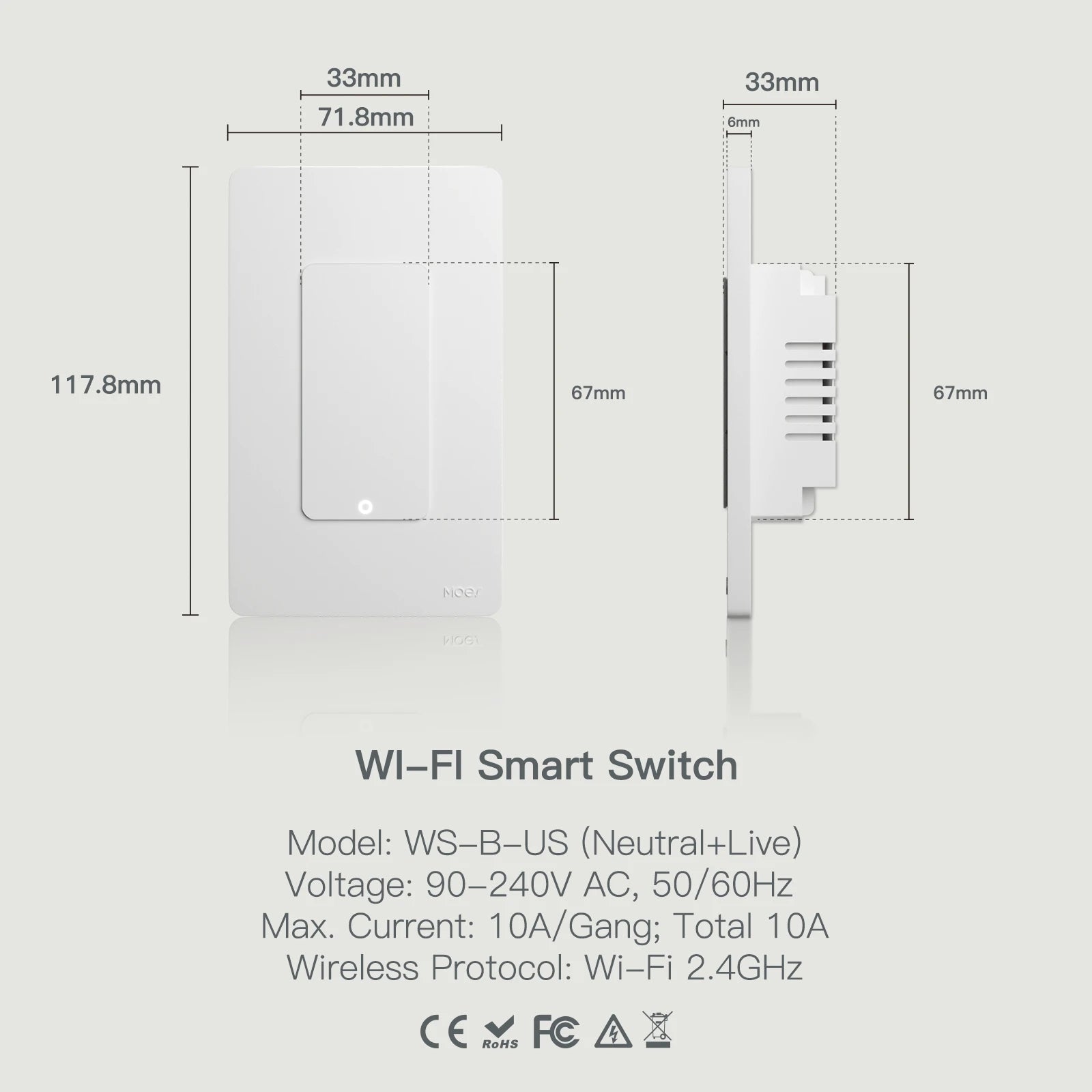 MOES Tuya Smart Light Switch US Single Pole Push Button Wall Switch Work With Alexa Google Home Neutral Wire Required