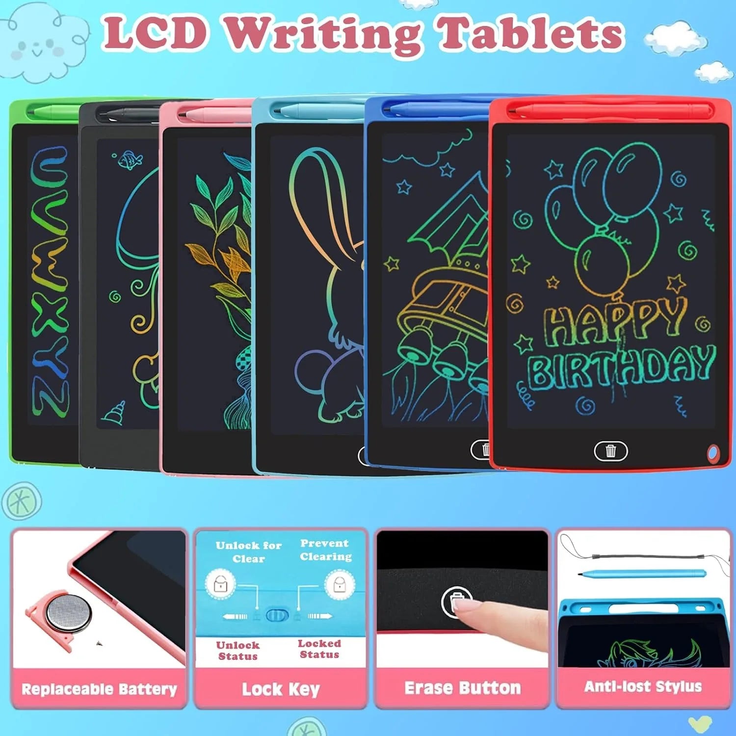 LCD Writing Tablet 8.5 Inch Doodle Board Tablet Drawing Gifts LCD Writing Board Electronic Erasable Reusable Colorful Screen Pad(Blue)