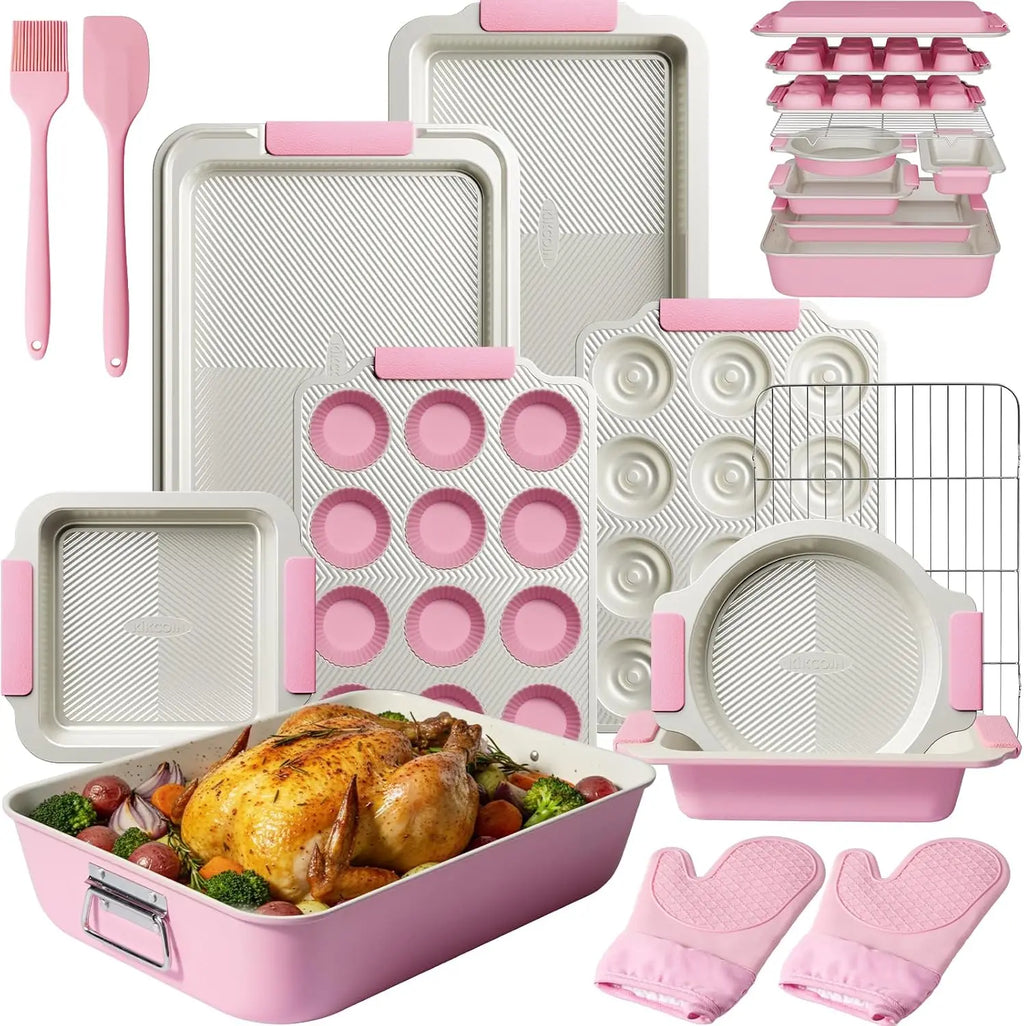 25 PCS Stackable Baking Pans Set, Non-Stick Bakeware with Silicone Handles
