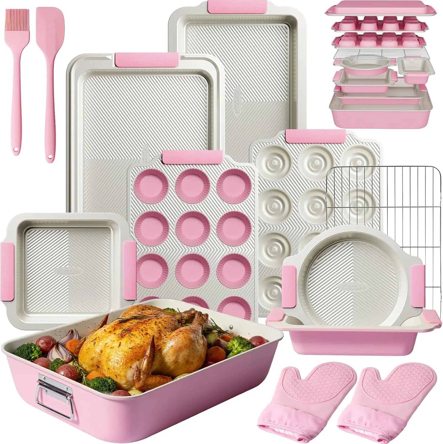 25 PCS Stackable Baking Pans Set, Non-Stick Bakeware with Silicone Handles