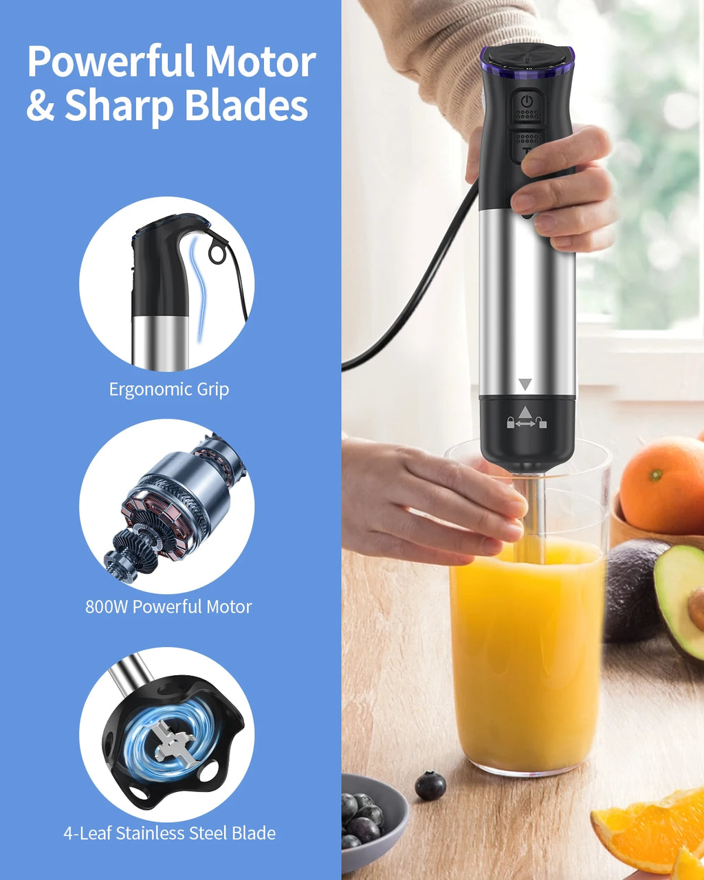 1000W Electric Handheld Immersion Blender, 5 in 1 Kitchen Hand Blender for soups, smoothies, purees and baby food.