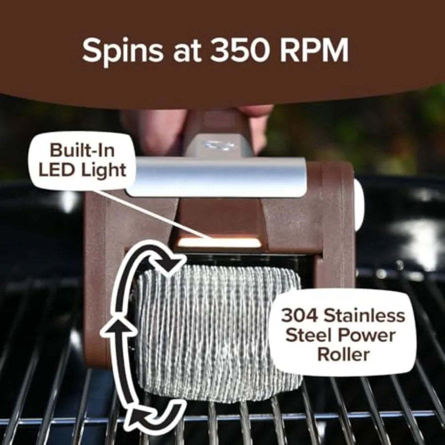 Grill Cleaner Cordless, Rechargeable BBQ Tool with 350 RPM Stainless Roller, LED Light Paten