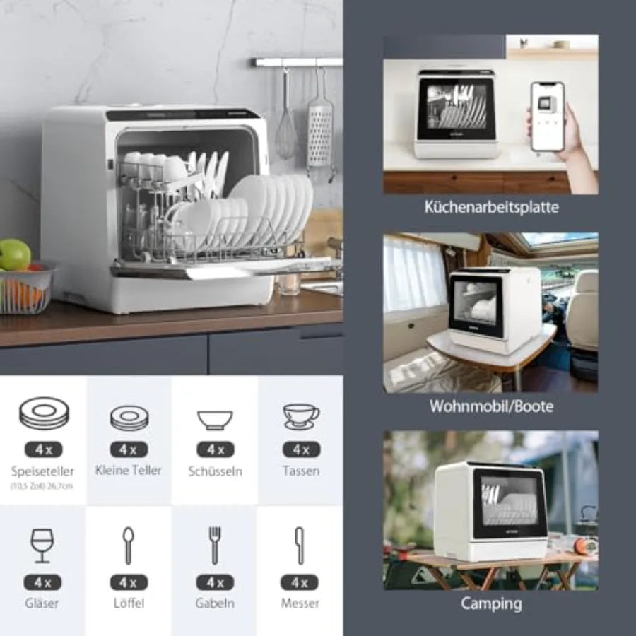 Portable Countertop Dishwasher with WIFI Smart Control Compact Mini Design 5L Water Tank 6 Wash Programs 360 Dual Spray High-Te
