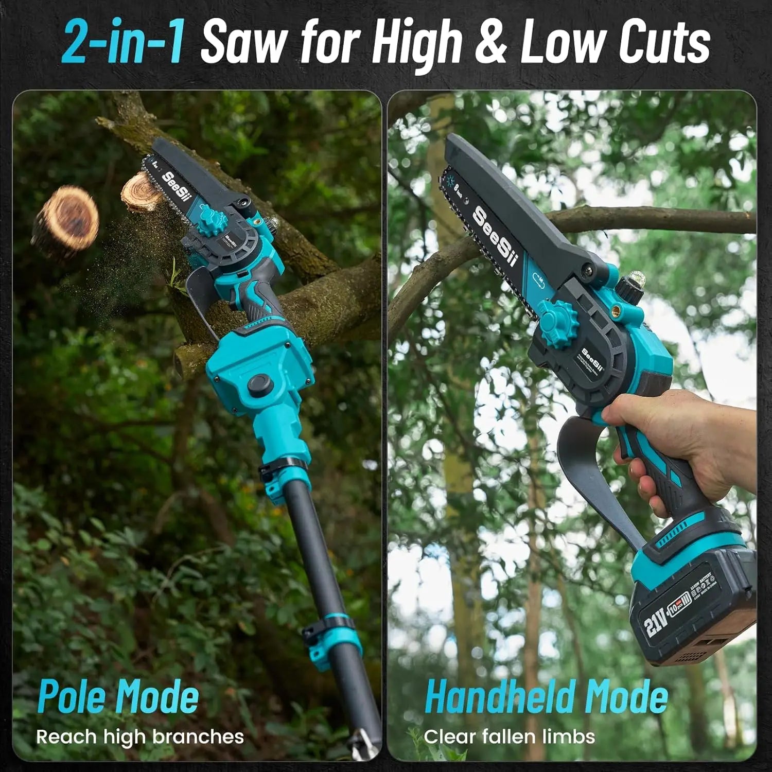 Pole Saw 8'' Cordless Electric Saws 3500W with 2.7m Extension Pole Gardening Tool For 18V Battery pin
