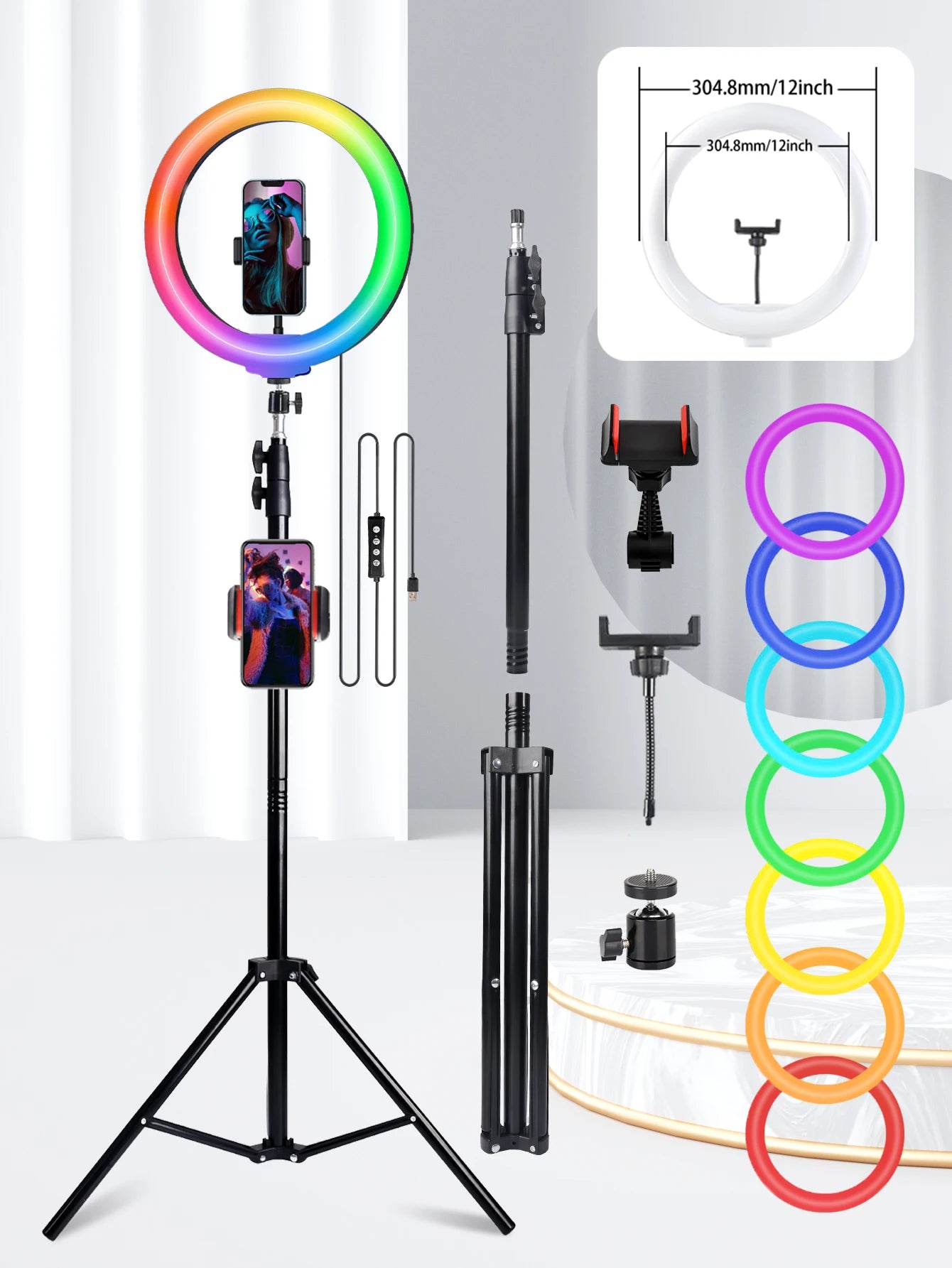 Professional Selfie Ring LED Light, USB Powered,160cm Tall Stand, 38-Color RGB, Live Streaming