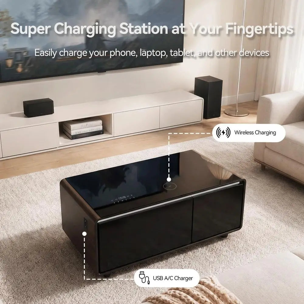 Smart Coffee Table with Built in ridge, 23" D x 41.5" W x 18.2" H, 15W Wireless Charging, USB s and Speakers