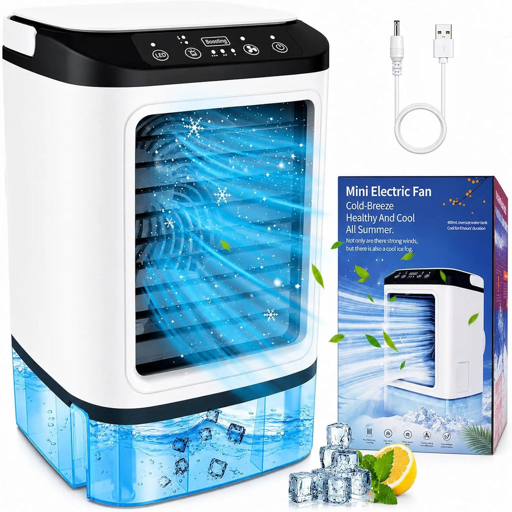 Evaporative Air Cooler with 900ml Water Tank & Ice Box, 7-Color LED Light, 3 Fan Speeds + Boost Mode & 2 Mist Levels, Portable Personal AC Fan