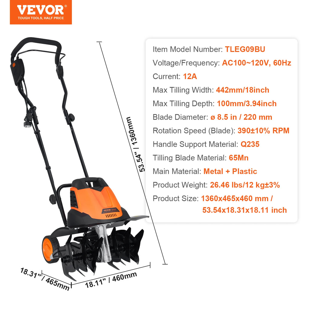 Corded Electric Tiller 18" Tilling Width 3.94" Tilling Depth