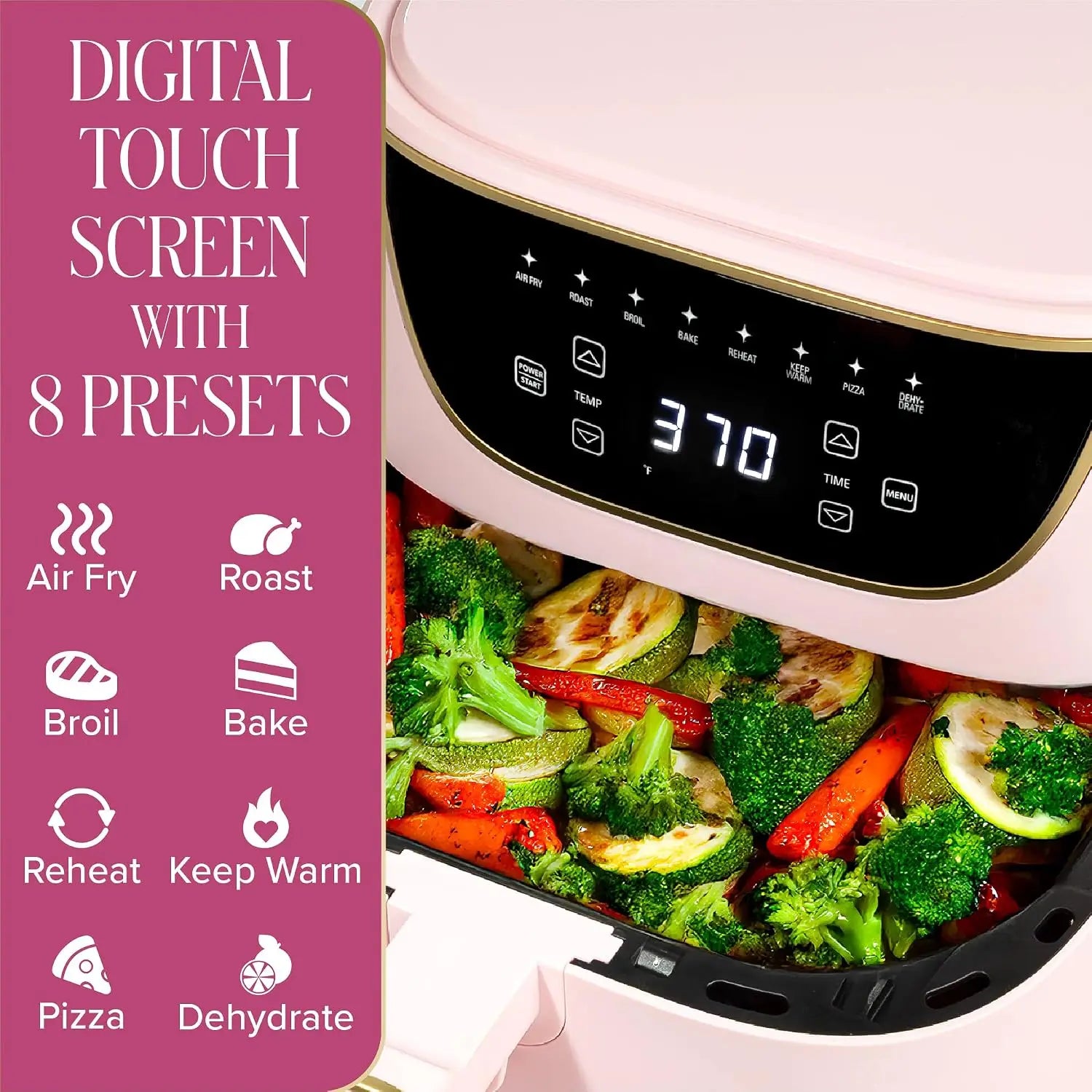 6-Quart Air Fryer, Nonstick Basket No PFAS, Touchscreen, 8-in-1 Functions, Dishwasher Safe, Pink