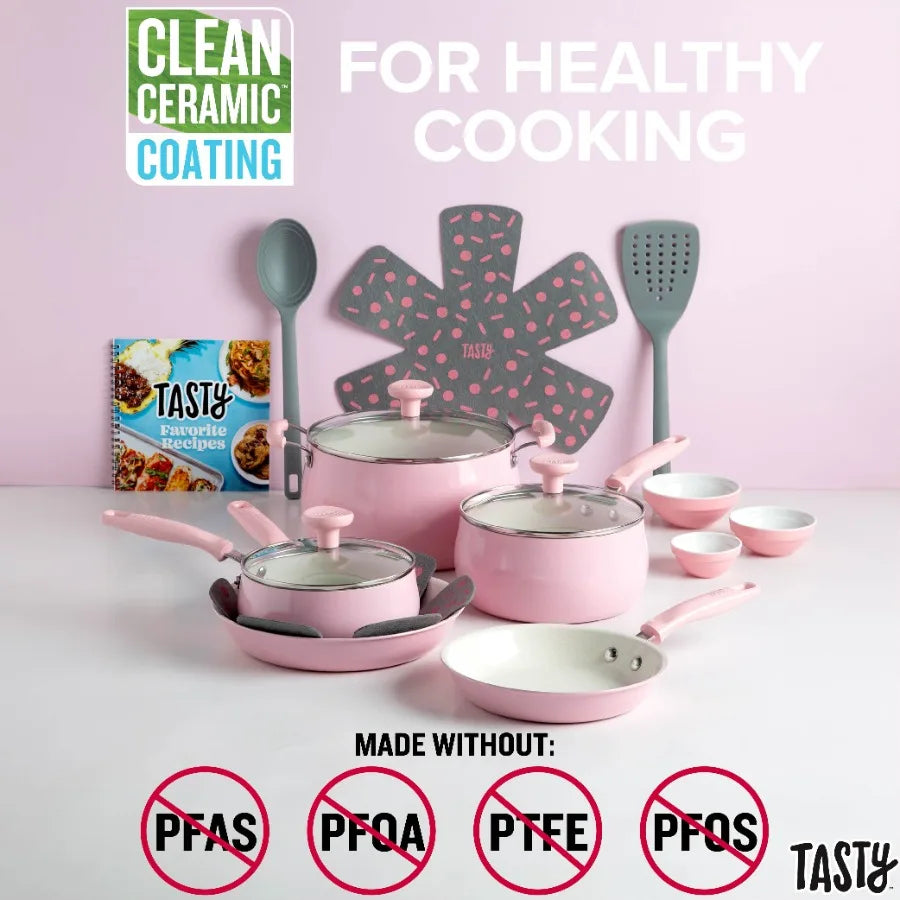 Clean Ceramic 16 Piece Non-Stick Aluminum Cookware Set Pink