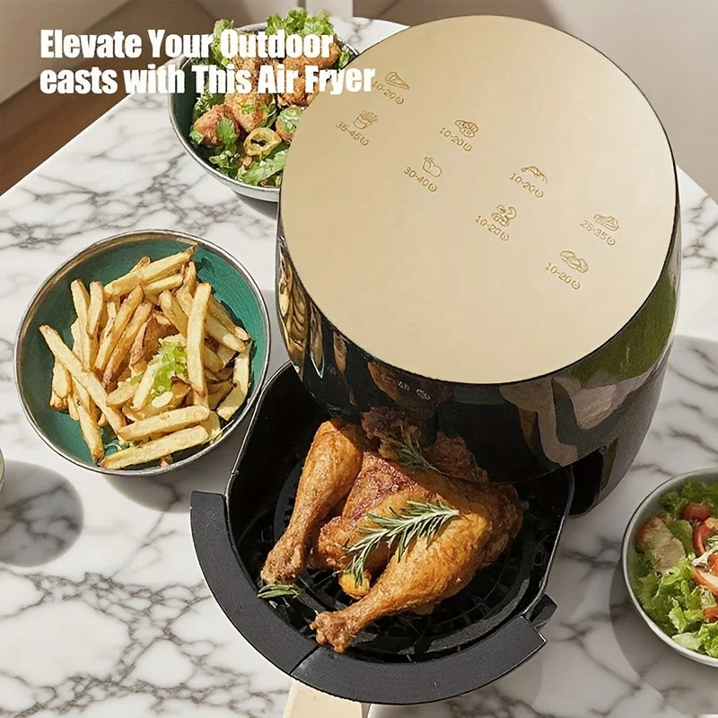 Air Fryer: Features a smart touch screen with color icons, multiple preset recipes, and manual adjustment functions.
