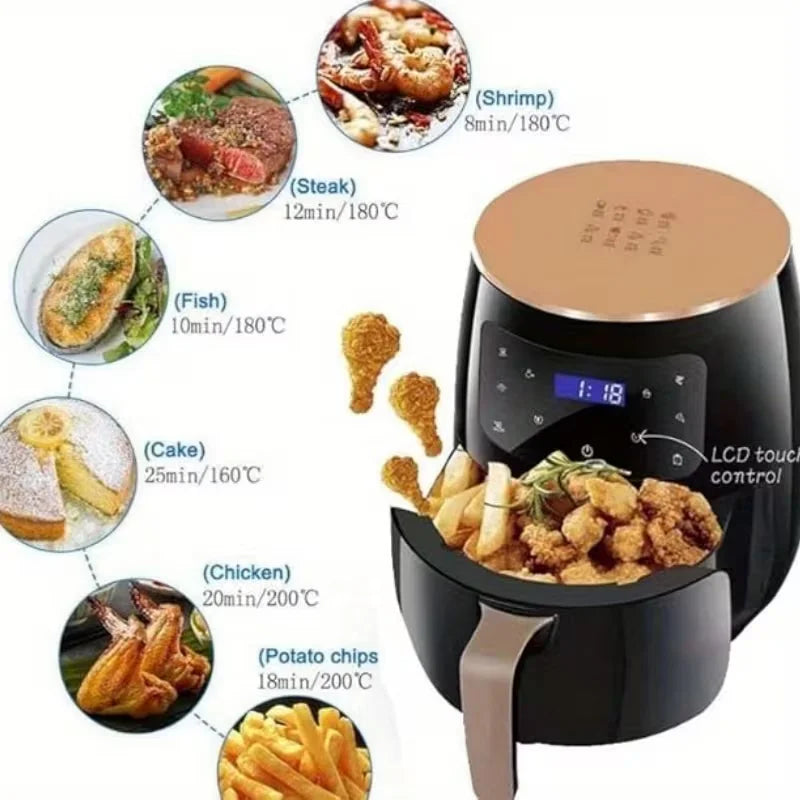 Air Fryer: Features a smart touch screen with color icons, multiple preset recipes, and manual adjustment functions.