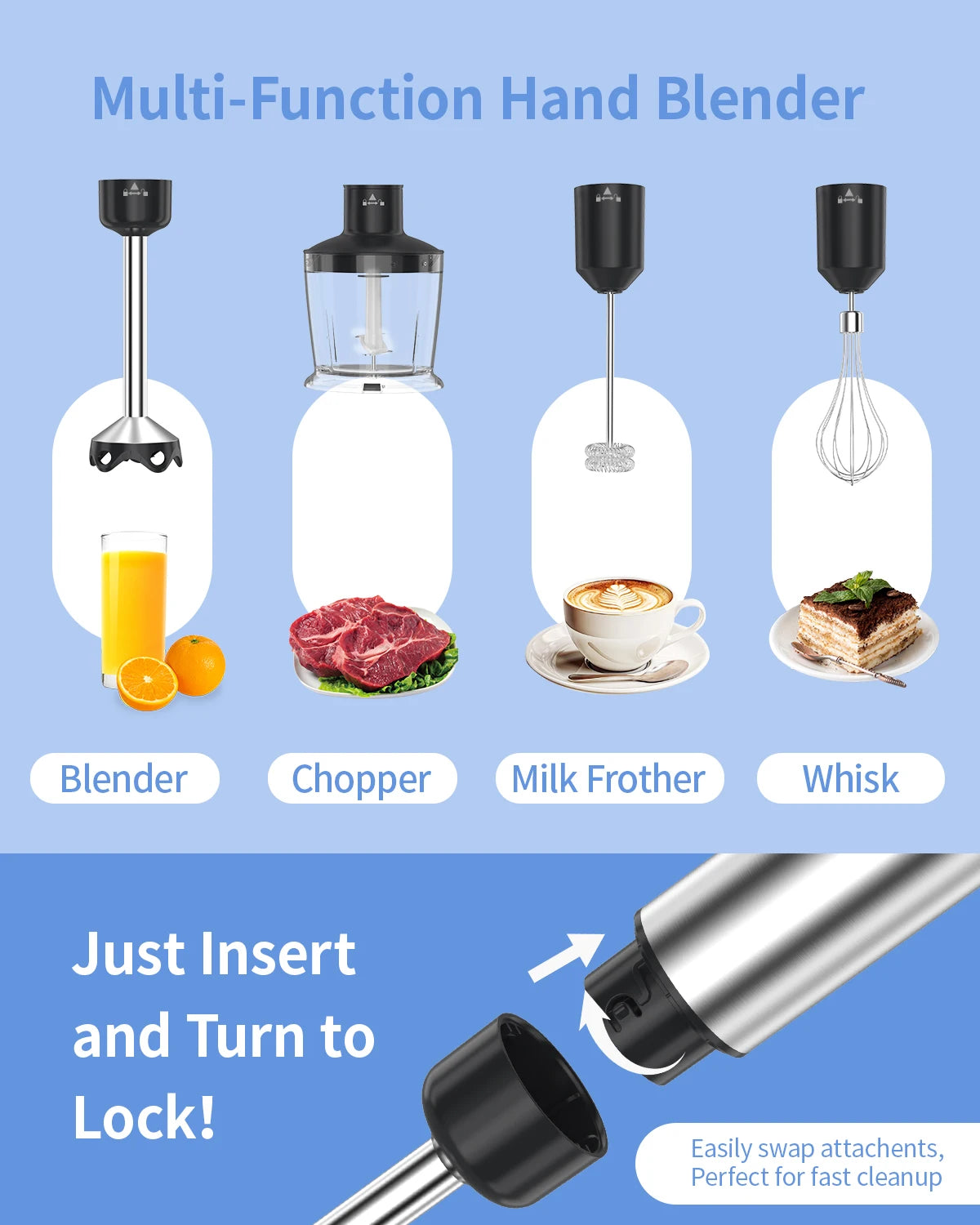 1000W Electric Handheld Immersion Blender, 5 in 1 Kitchen Hand Blender for soups, smoothies, purees and baby food.