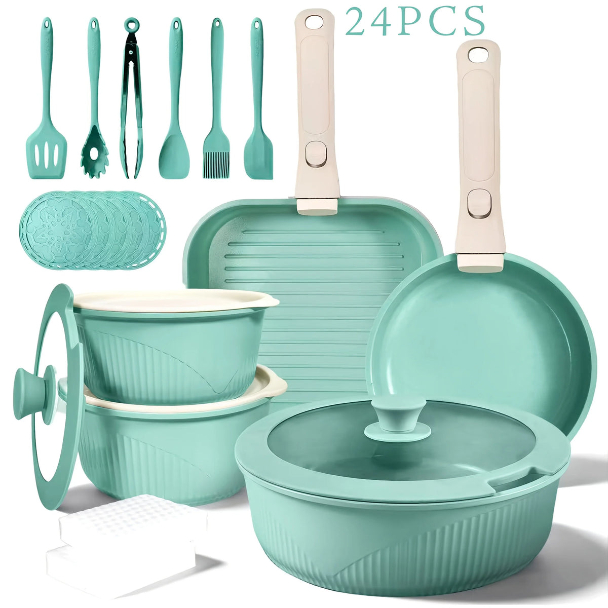 24pcs/7pcs/5pcs Cookware Set Non-Stick Pots & Pans Induction-Ready Kitchen Cookware Set Includes Skillet/Frying Pan/Soup Pot/Steak Pan Removable Handles