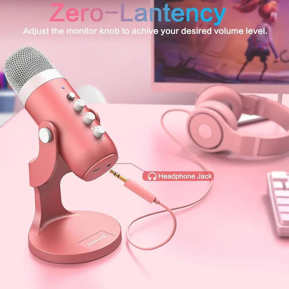 Micrope Pink, Noise Cancellation ASMR Mic with , Volume Adjusent & Mute Button, Monitoring & Echo, or Vocal Recording, Podcast,