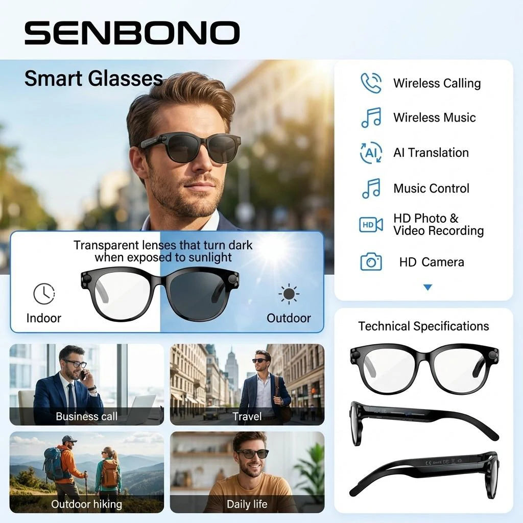 SENBONO 2026 New AI Smart Glasses with 2MP/5MP/8MP Camera 1080P 4K Videos Smart Glasses AI Voice AI Photo Recognition/Translation Wireless Calling Music Control Sunglasses