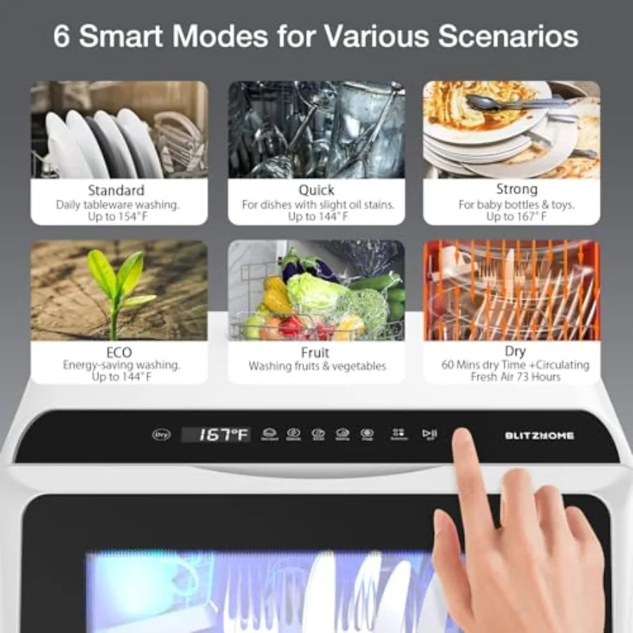 Portable countertop dishwasher for small kitchens, stainless steel gray, WIFI smart control with 5L built-in tank, 6 programs,