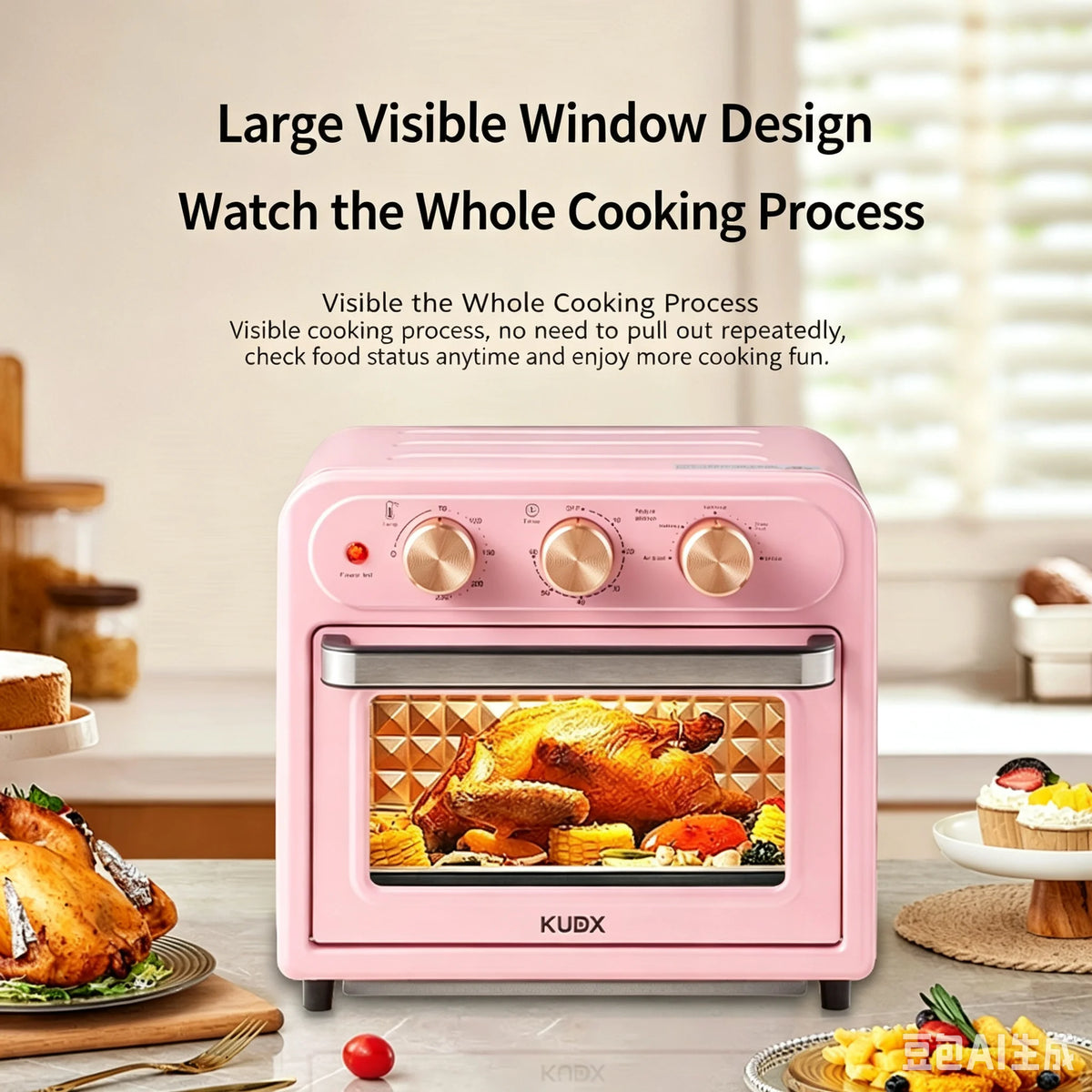15L Retro Pink Multifunctional Air Fryer/Toaster Oven/Oven Oil-Free Baking Mini Electric Oven 15.85QT Countertop Oven