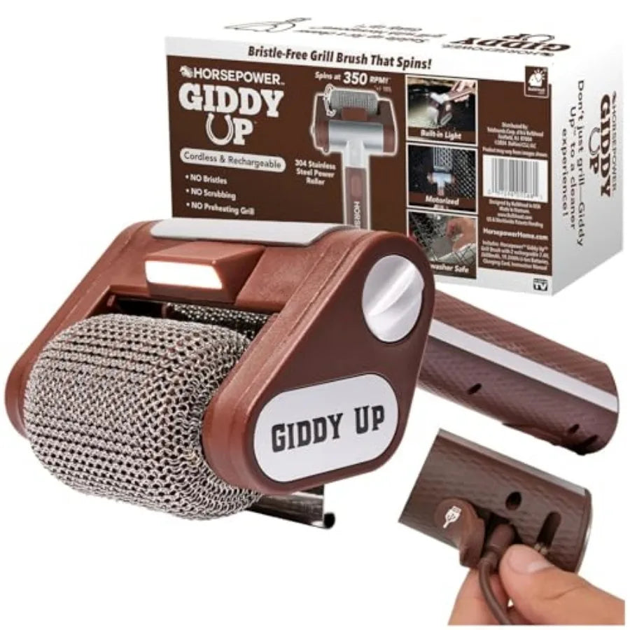 Grill Cleaner Cordless, Rechargeable BBQ Tool with 350 RPM Stainless Roller, LED Light Paten